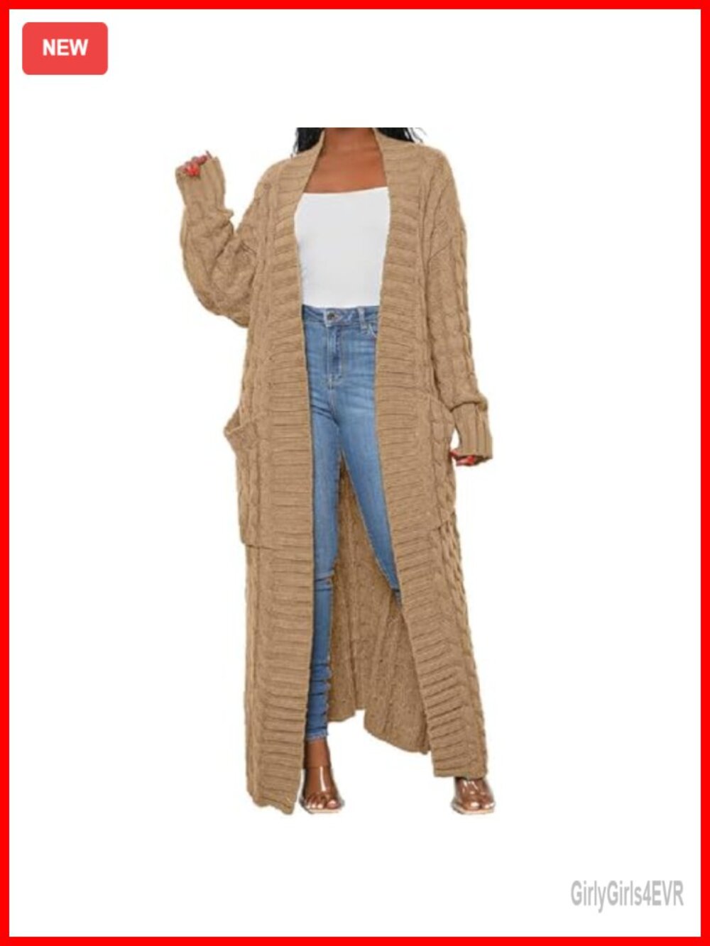 Extra Long Ankle Length Cable Knit Cardigan Sweater with Pockets